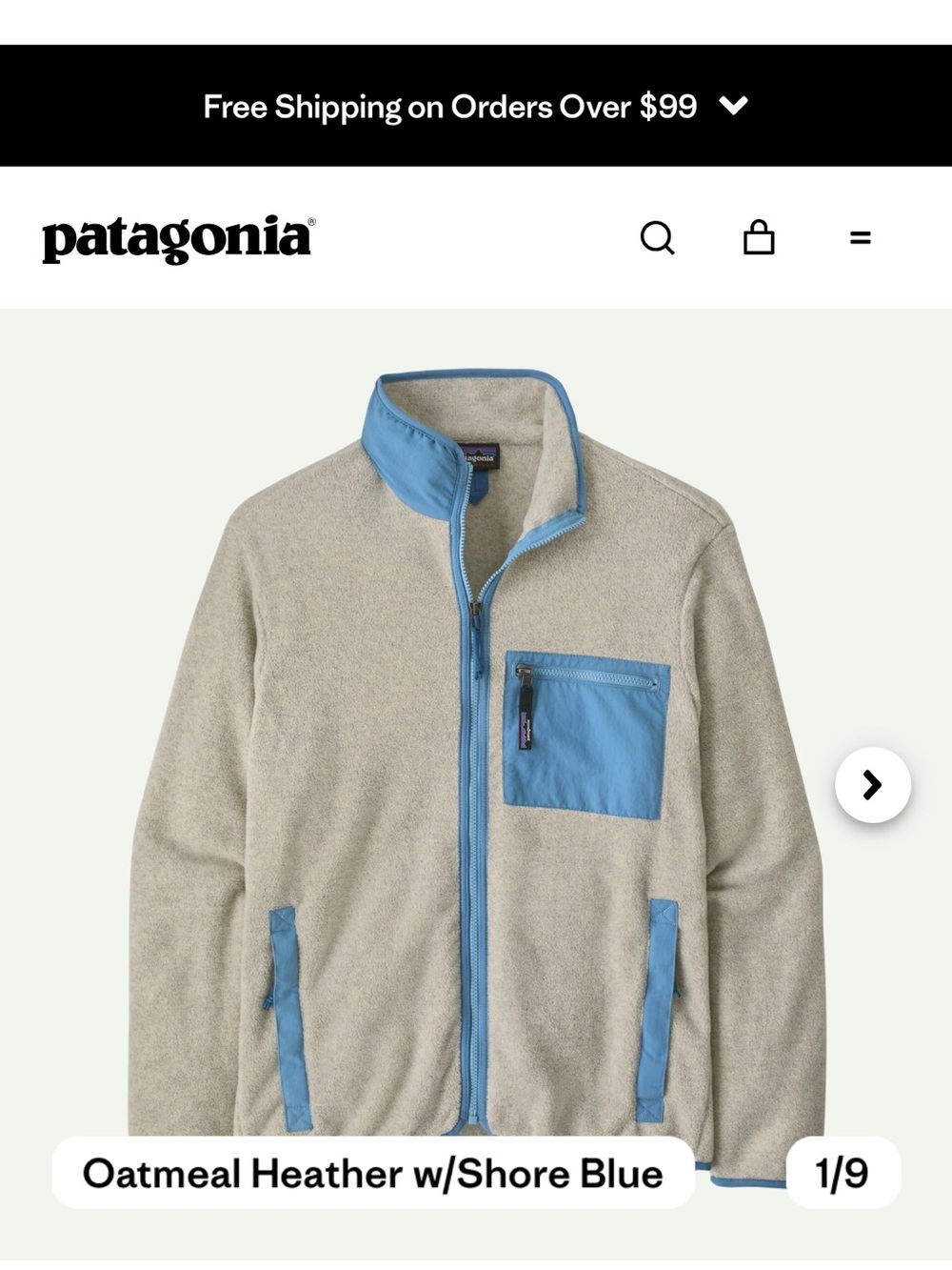 Patagonia Oatmeal Heather Zip Fleece with Shore Blue Accents XXS